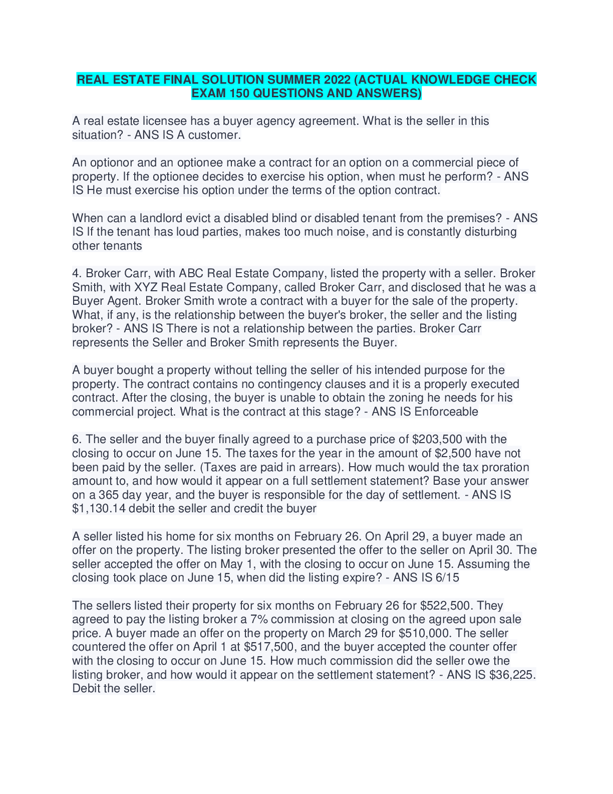 Preview image for REAL ESTATE FINAL SOLUTION SUMMER 2022 (ACTUAL KNOWLEDGE CHECK  EXAM 150 QUESTIONS AND ANSWERS)